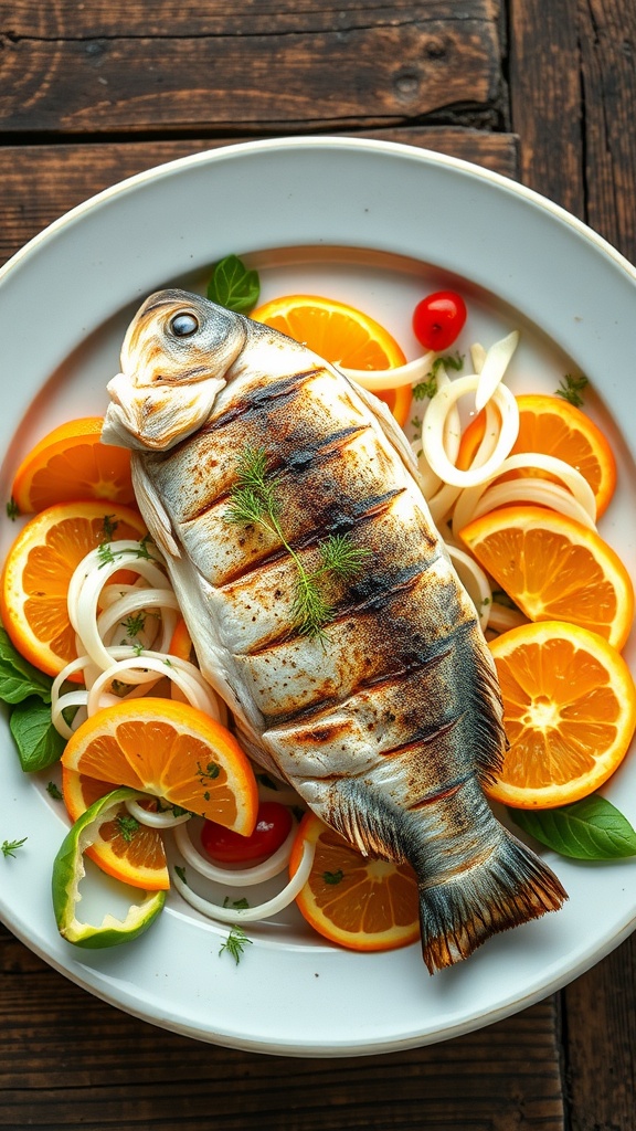 Grilled branzino served with fennel and orange salad on a rustic table.